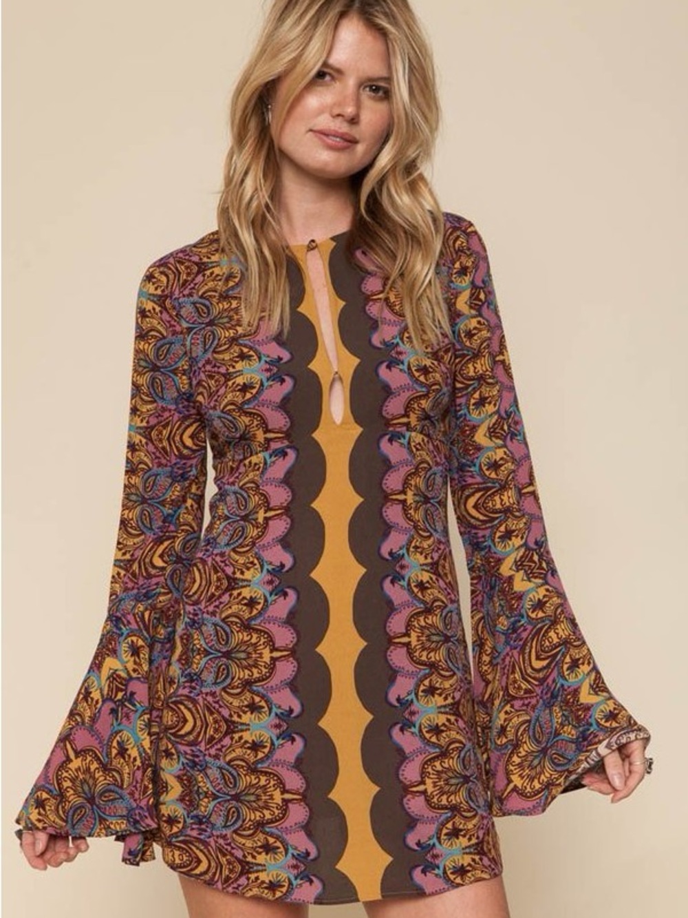 Free People Boho Paisley Long Sleeve Mini Dress in Mustard & Mauve